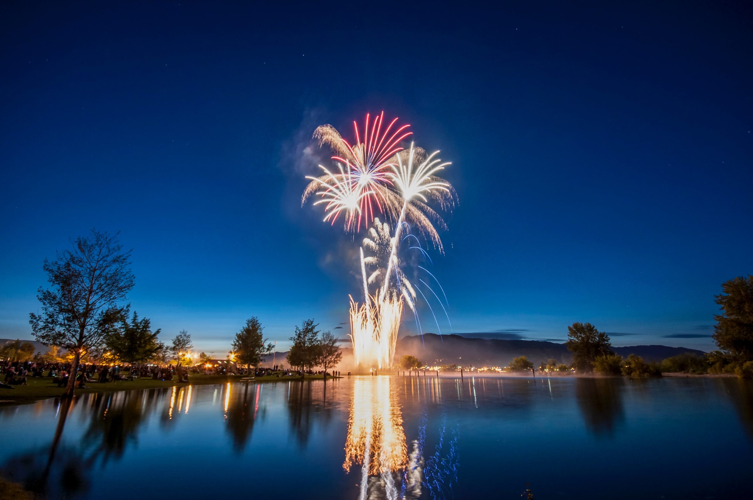 A dazzling Fourth of July fireworks display illuminates the night sky over a calm lake, with vibrant red, white, and blue bursts reflecting on the water. Trees and a crowd watching the spectacle line the shore under the twilight sky.