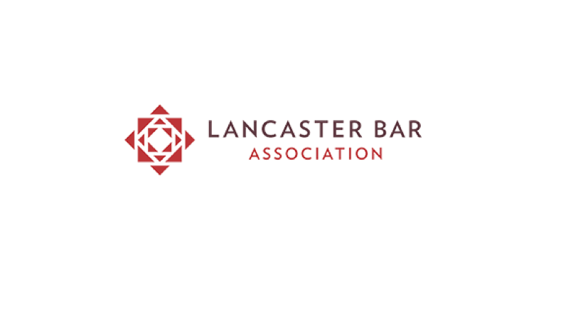 Logo of the Lancaster Bar Association. The design features a geometric, red square pattern with triangular elements. The text 